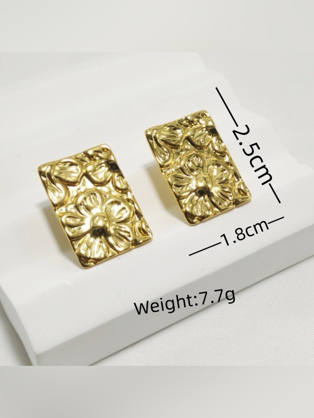 Gold Floral Rectangular Stud Earrings (stainless steel)